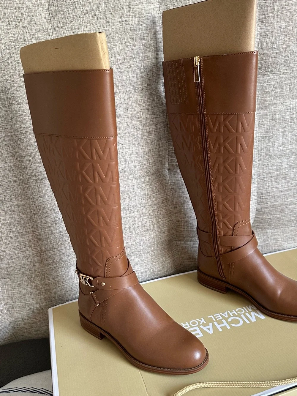 Michael Kors Cognac Embossed Logo Over-the-Knee Boots
